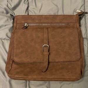 Celela Crossbody leather faux brown, silver hardware, 12x10” see note.
